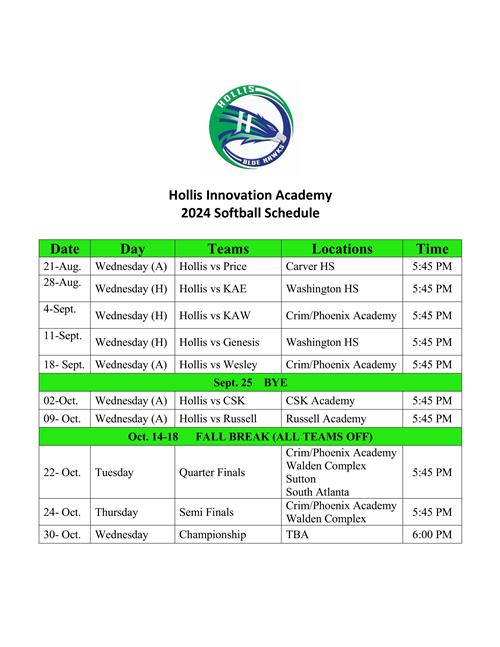 Hollis 2024 Softball Schedule